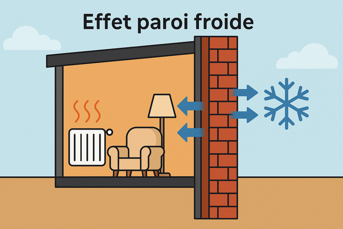 oupe murale illustrant une paroi froide absorbant le froid extérieur et le diffusant vers l'intérieur. Présence d'un isolant en liège projeté côté intérieur pour bloquer le transfert thermique.